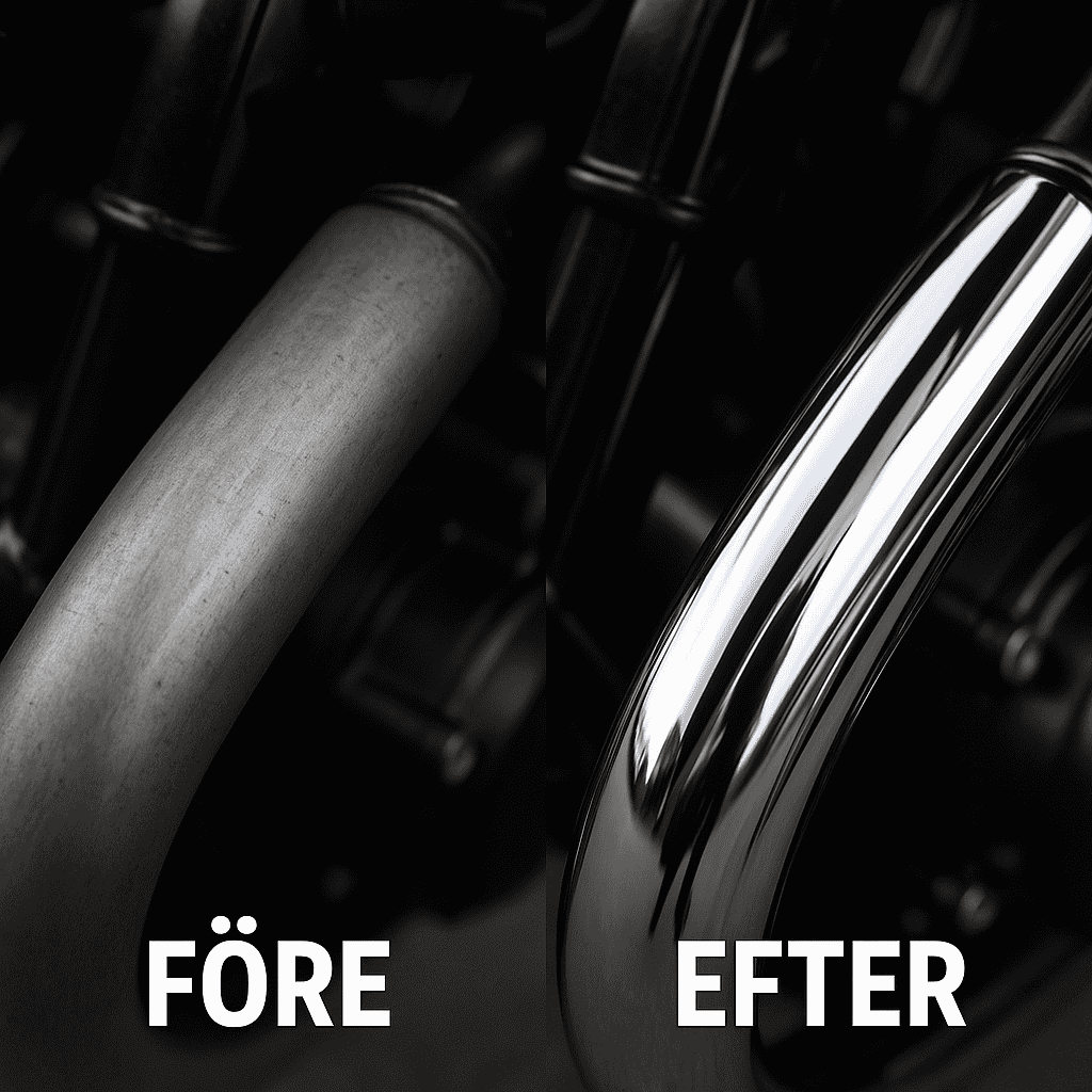 före och efter bild på putsad metall