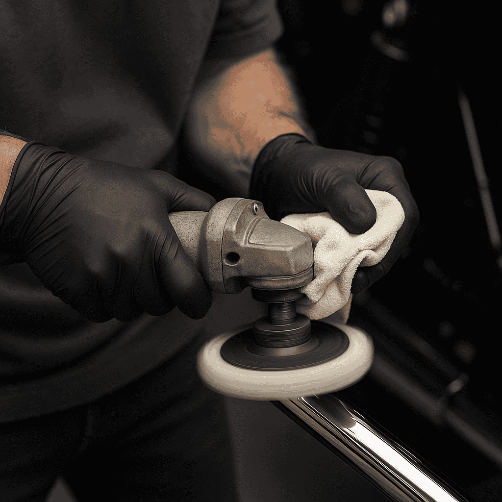 man använder polermaskin för att polera metall